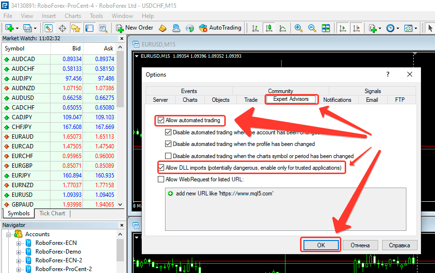Installing and configuring a trading terminal - the Expert Advisors tab