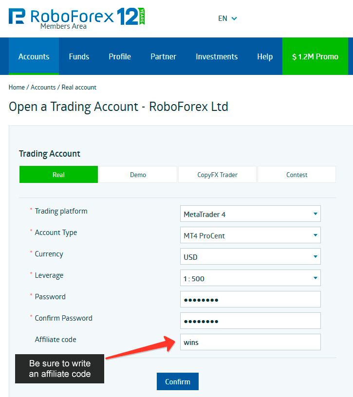 Opening a trading account on RoboForex - account opening form
