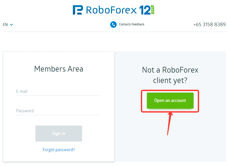 Registration on RoboForex - account creation button