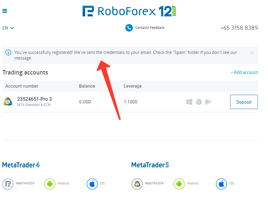 Registration on RoboForex - completion of registration
